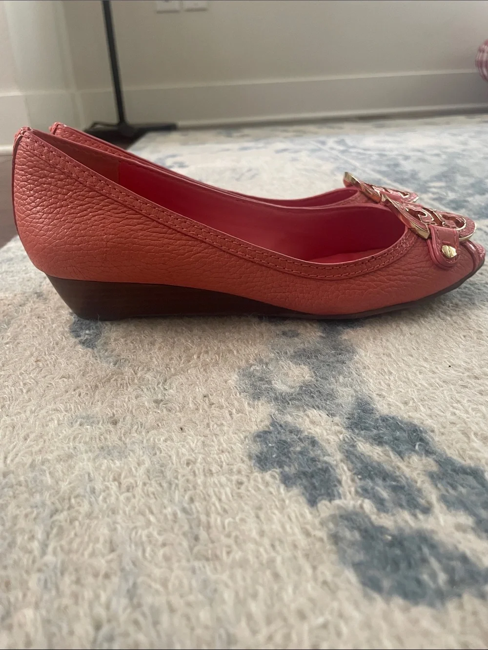Tory Burch Coral Pink Leather Logo Peep-Toe Wedge